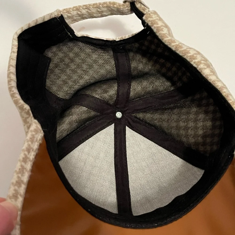 Houndstooth Baseball Cap, PU Leather Brim